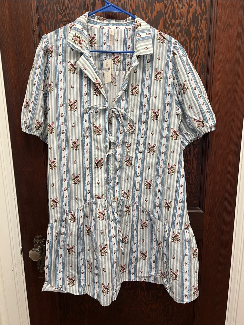 Light Blue Floral Stripe Tie-Neck Women’s dress